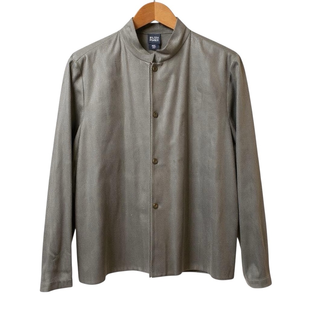 Eileen Fisher Olive Gray Leather-Style Stand Collar Jacket